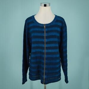 Blue Willi's Size Large L Blue Stripe Perforated Knit Zip Crew Cardigan Sweater